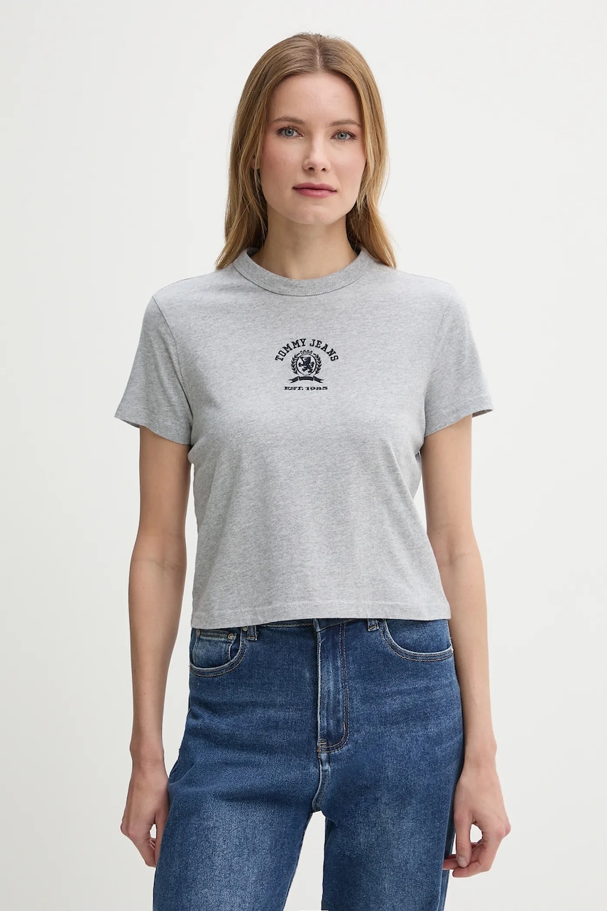 Tommy Jeans tricou din bumbac femei, culoarea gri, DW0DW20317