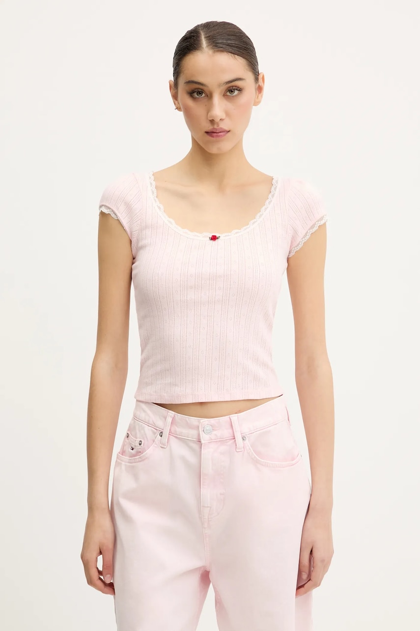 Tommy Jeans tricou din bumbac femei, culoarea roz, DW0DW20621 Tommy Jeans tricou din bumbac femei, culoarea roz, DW0DW20621