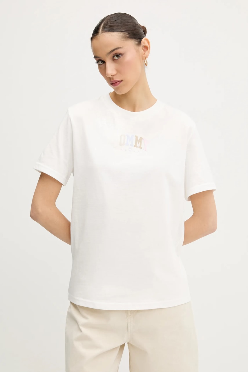 Tommy Jeans tricou din bumbac femei, culoarea alb, DW0DW21337