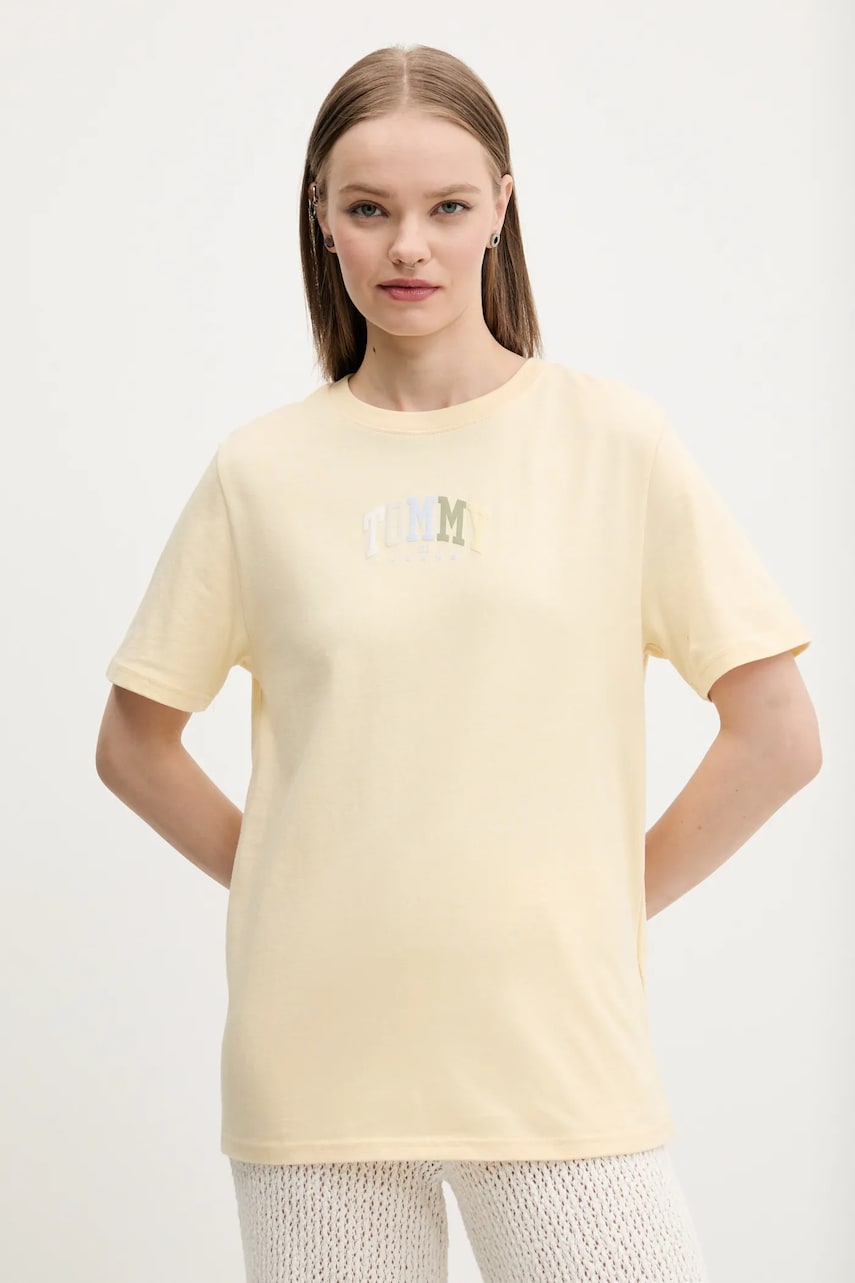 Tommy Jeans tricou din bumbac femei, culoarea galben, DW0DW21337