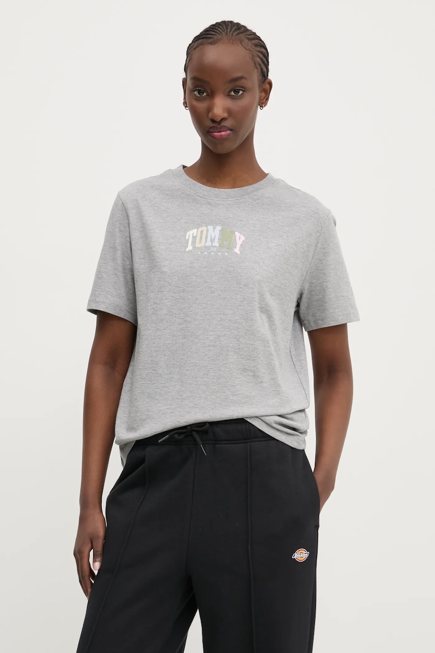 Tommy Jeans tricou din bumbac femei, culoarea gri, DW0DW21337 Tommy Jeans tricou din bumbac femei, culoarea gri, DW0DW21337