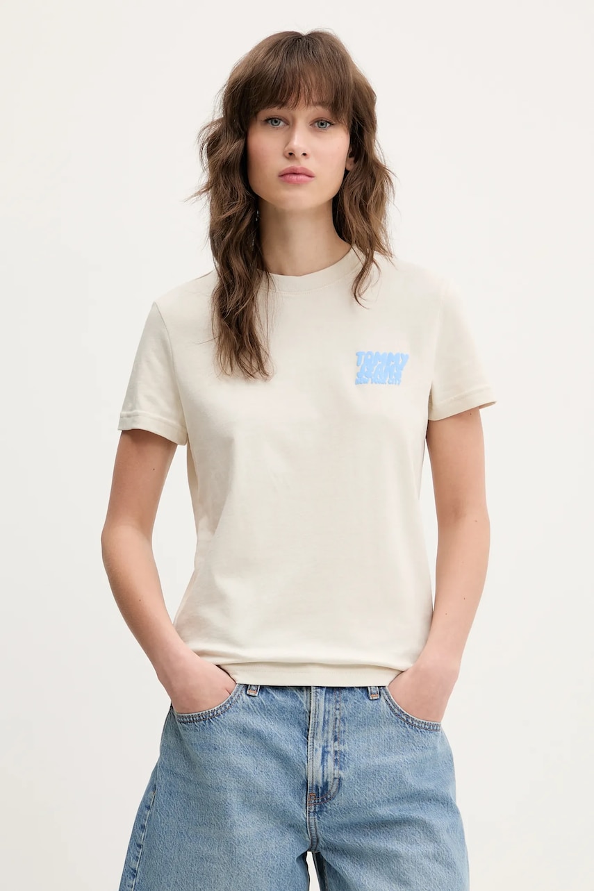 Tommy Jeans tricou din bumbac femei, culoarea bej, DW0DW21338