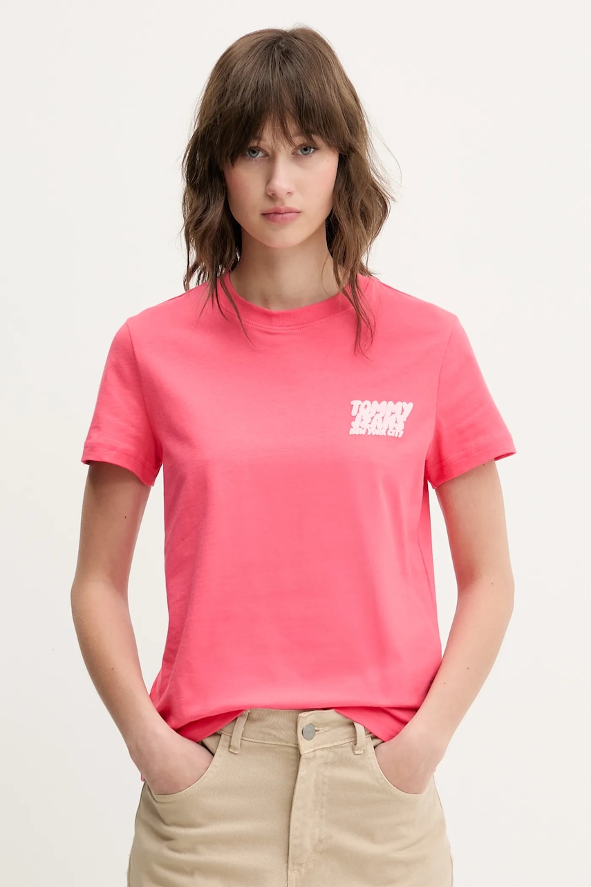 Tommy Jeans tricou din bumbac femei, culoarea roz, DW0DW21338