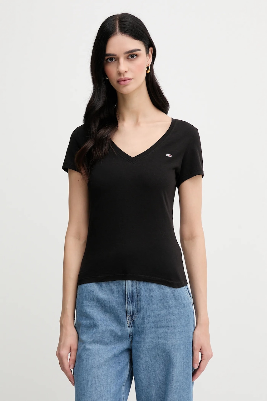 Tommy Jeans tricou din bumbac 2-pack femei, culoarea negru, DW0DW21367 Tommy Jeans tricou din bumbac 2-pack femei, culoarea negru, DW0DW21367