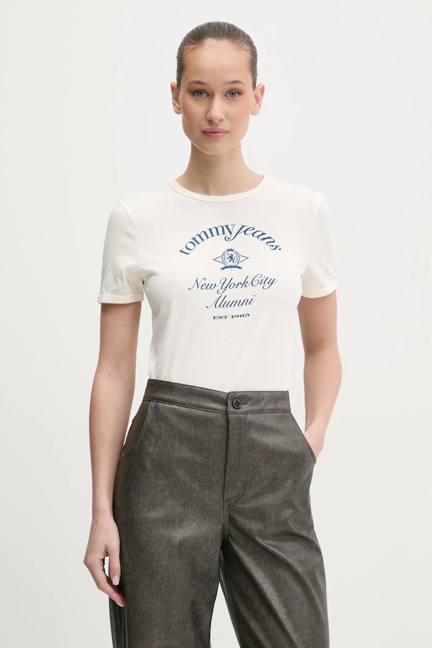 Tommy Jeans tricou din bumbac femei, culoarea bej, DW0DW20323 Tommy Jeans tricou din bumbac femei, culoarea bej, DW0DW20323