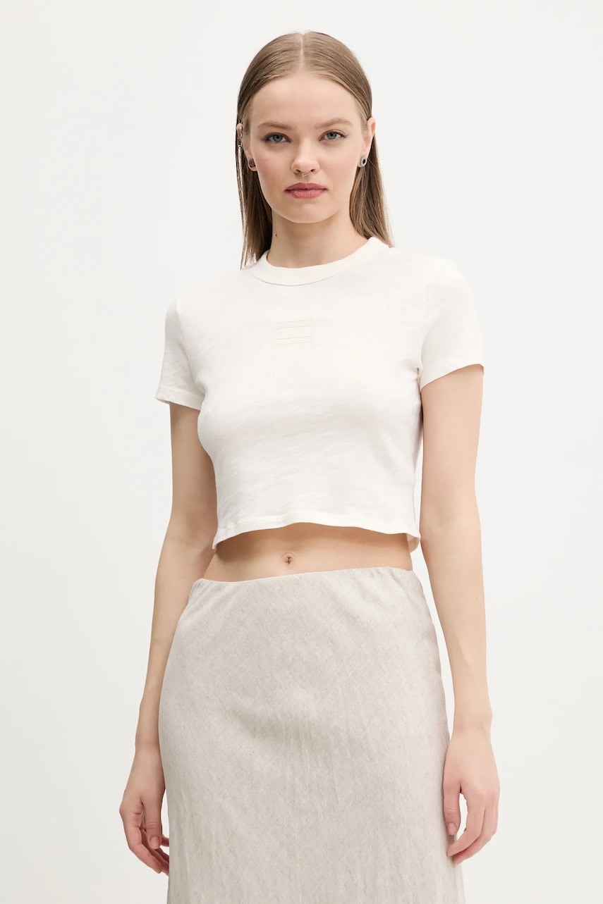 Tommy Jeans tricou din bumbac femei, culoarea bej, DW0DW20329 Tommy Jeans tricou din bumbac femei, culoarea bej, DW0DW20329