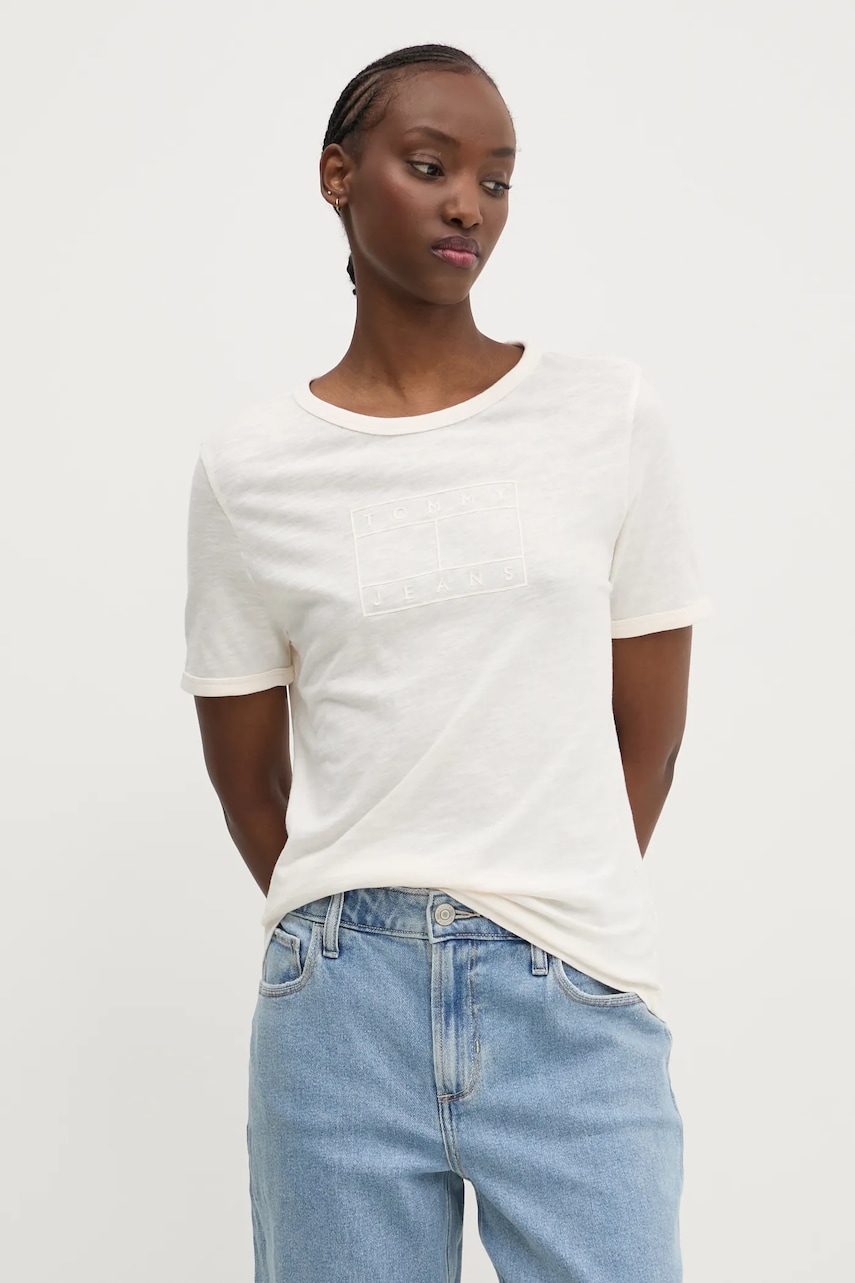 Tommy Jeans tricou din bumbac femei, culoarea bej, DW0DW20366 Tommy Jeans tricou din bumbac femei, culoarea bej, DW0DW20366