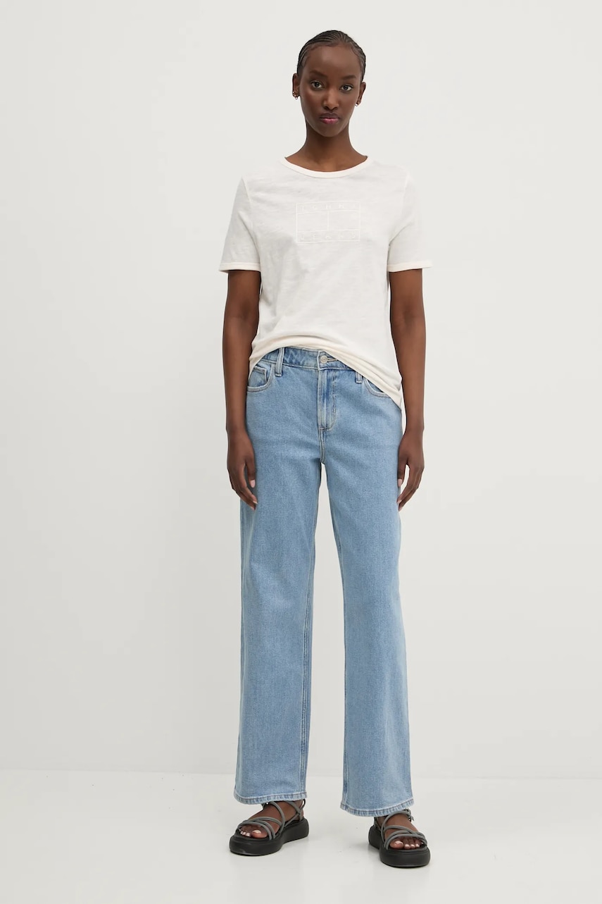 Хлопковая футболка Tommy Jeans женская цвет бежевый DW0DW20366 Хлопковая футболка Tommy Jeans женская цвет бежевый DW0DW20366