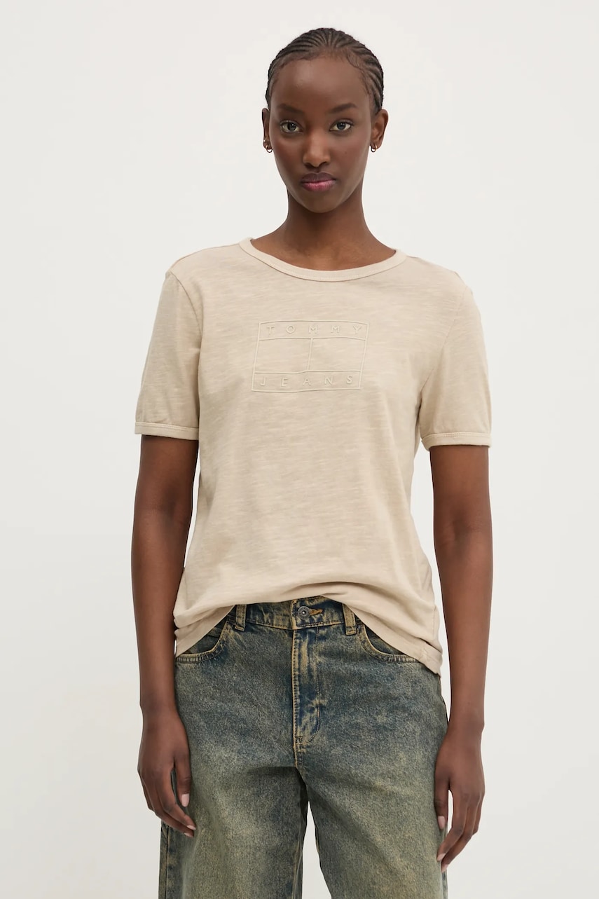 Tommy Jeans tricou din bumbac femei, culoarea bej, DW0DW20366 Tommy Jeans tricou din bumbac femei, culoarea bej, DW0DW20366