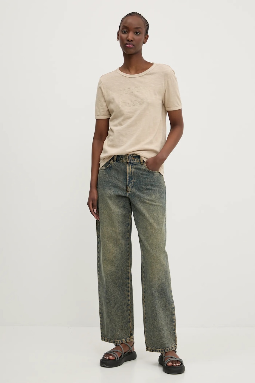 Хлопковая футболка Tommy Jeans женская цвет бежевый DW0DW20366 Хлопковая футболка Tommy Jeans женская цвет бежевый DW0DW20366