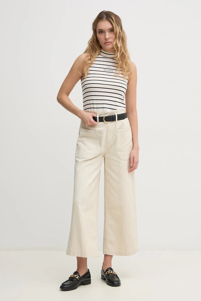 Хлопковый топ Tommy Hilfiger цвет бежевый с полугольфом WW0WW44573 Хлопковый топ Tommy Hilfiger цвет бежевый с полугольфом WW0WW44573