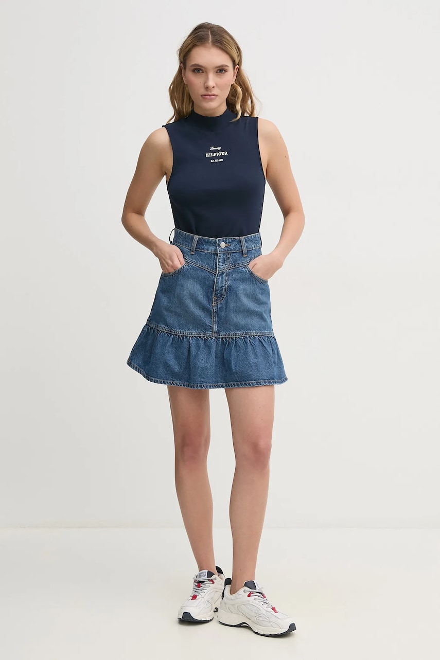 Хлопковый топ Tommy Hilfiger цвет синий с полугольфом WW0WW44573 Хлопковый топ Tommy Hilfiger цвет синий с полугольфом WW0WW44573