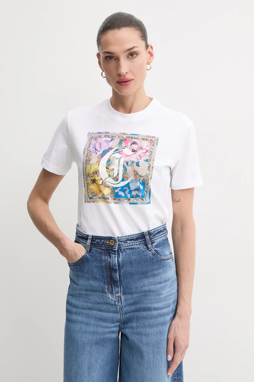 Just Cavalli tricou din bumbac femei, culoarea alb, 78PAHC12 CJ600