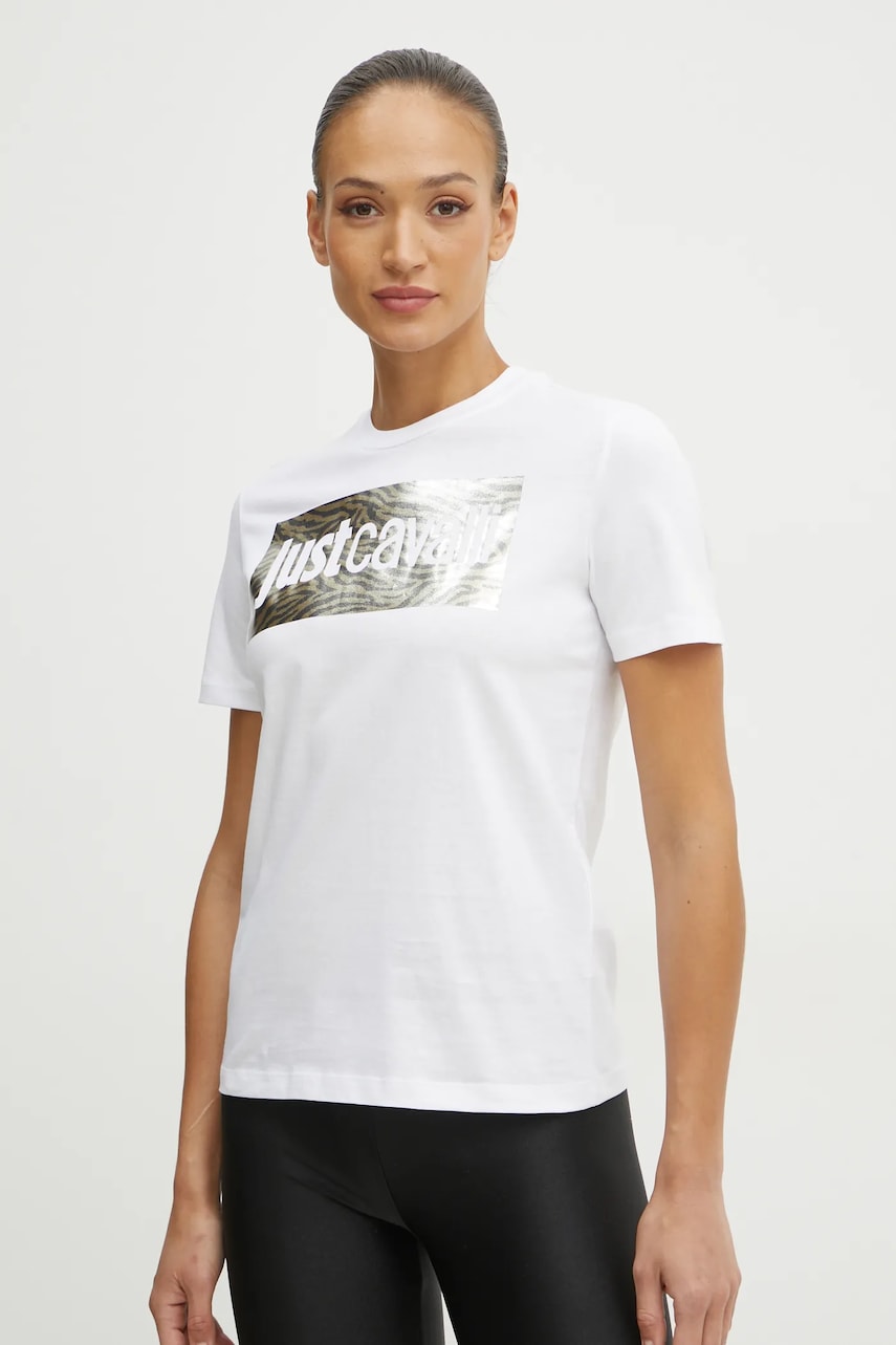 Just Cavalli tricou din bumbac femei, culoarea alb, 78PAHT15 CJ500