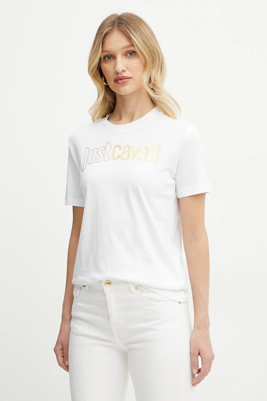 Just Cavalli tricou din bumbac culoarea alb, 78PAHT05 CJ500