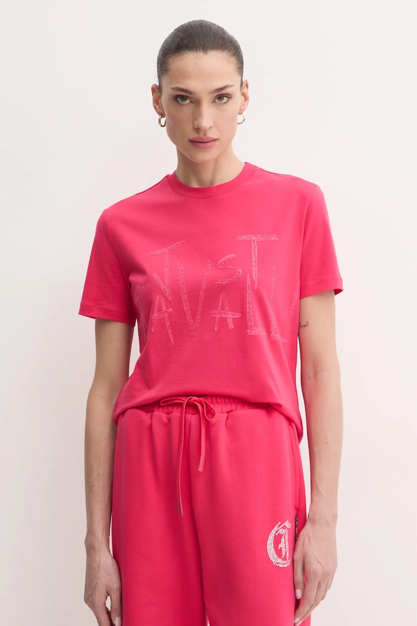 Just Cavalli tricou din bumbac femei, culoarea roz, 78PAHT02 CJ500
