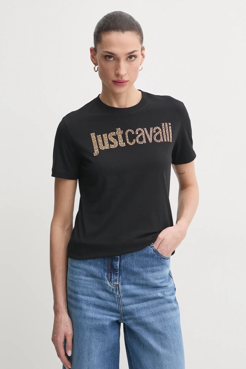 Just Cavalli tricou din bumbac femei, culoarea negru, 78PAHE15 CJ110