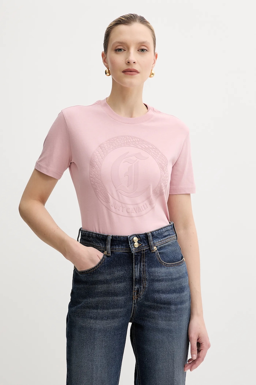Just Cavalli tricou din bumbac culoarea roz, 78PAHT01 CJ500