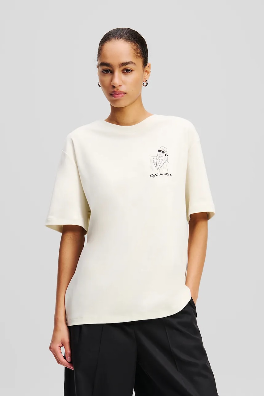 Karl Lagerfeld tricou din bumbac femei, culoarea bej, A2W17089 Karl Lagerfeld tricou din bumbac femei, culoarea bej, A2W17089