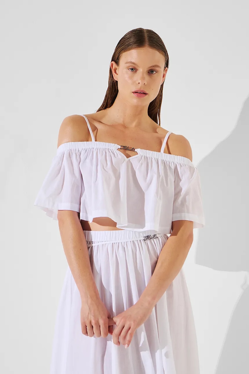 Karl Lagerfeld top din bumbac culoarea alb, decolteu spaniol, A2W46042