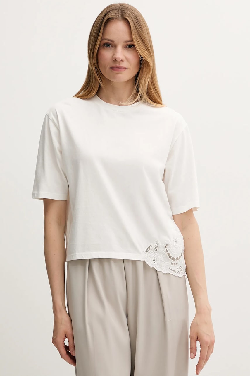 Sisley tricou din bumbac culoarea bej, 3F1QL107M