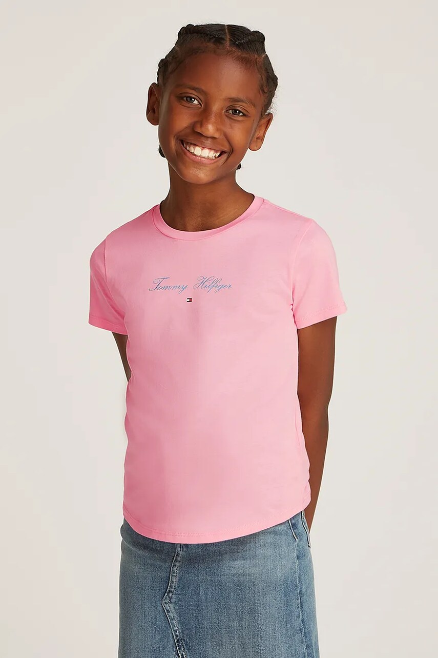Levně Dětské bavlněné tričko Tommy Hilfiger růžová barva, KG0KG08298