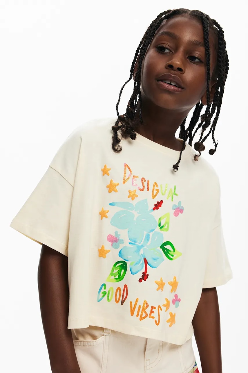 Desigual tricou de bumbac pentru copii culoarea bej, 25SGTK05 Desigual tricou de bumbac pentru copii culoarea bej, 25SGTK05