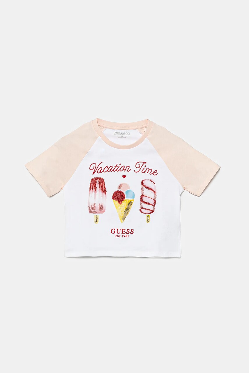 Levně Dětské bavlněné tričko Guess béžová barva, J5GI06 K8HM4