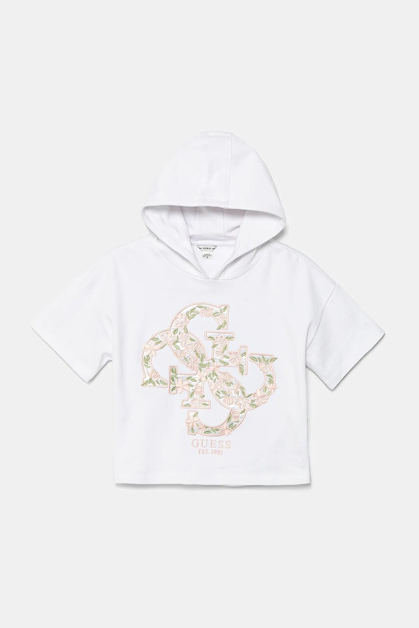 Levně Dětská bavlněná mikina Guess bílá barva, s kapucí, s aplikací, J5GQ02 KA6R4