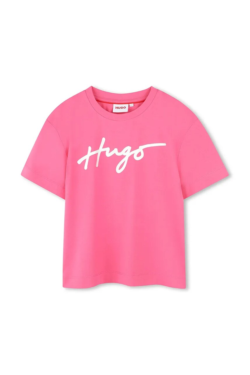 Levně Dětské bavlněné tričko HUGO růžová barva, G00390