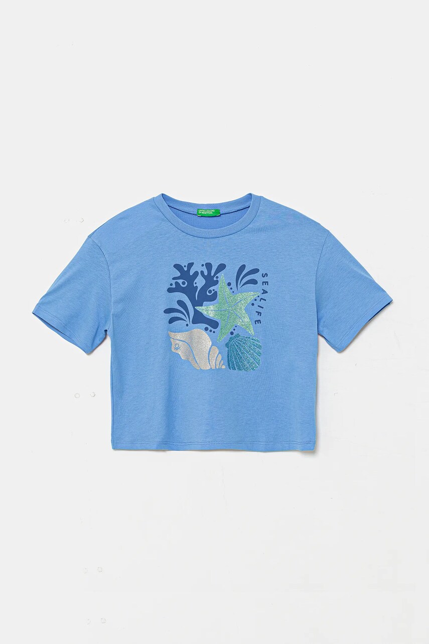 Levně Dětské bavlněné tričko United Colors of Benetton modrá barva, 35RYC10OZ