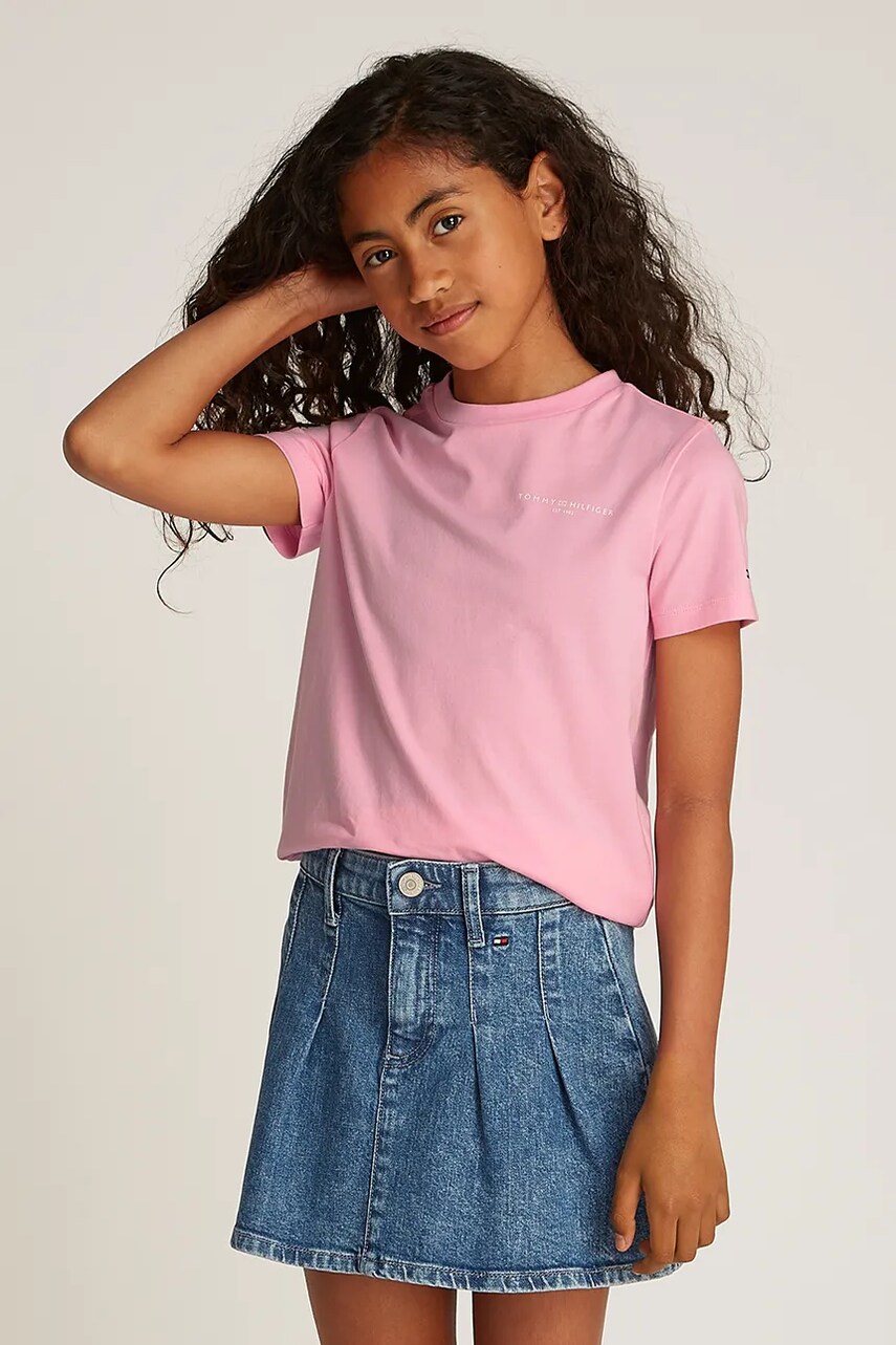 Levně Dětské bavlněné tričko Tommy Hilfiger růžová barva, s potiskem, KS0KS00594