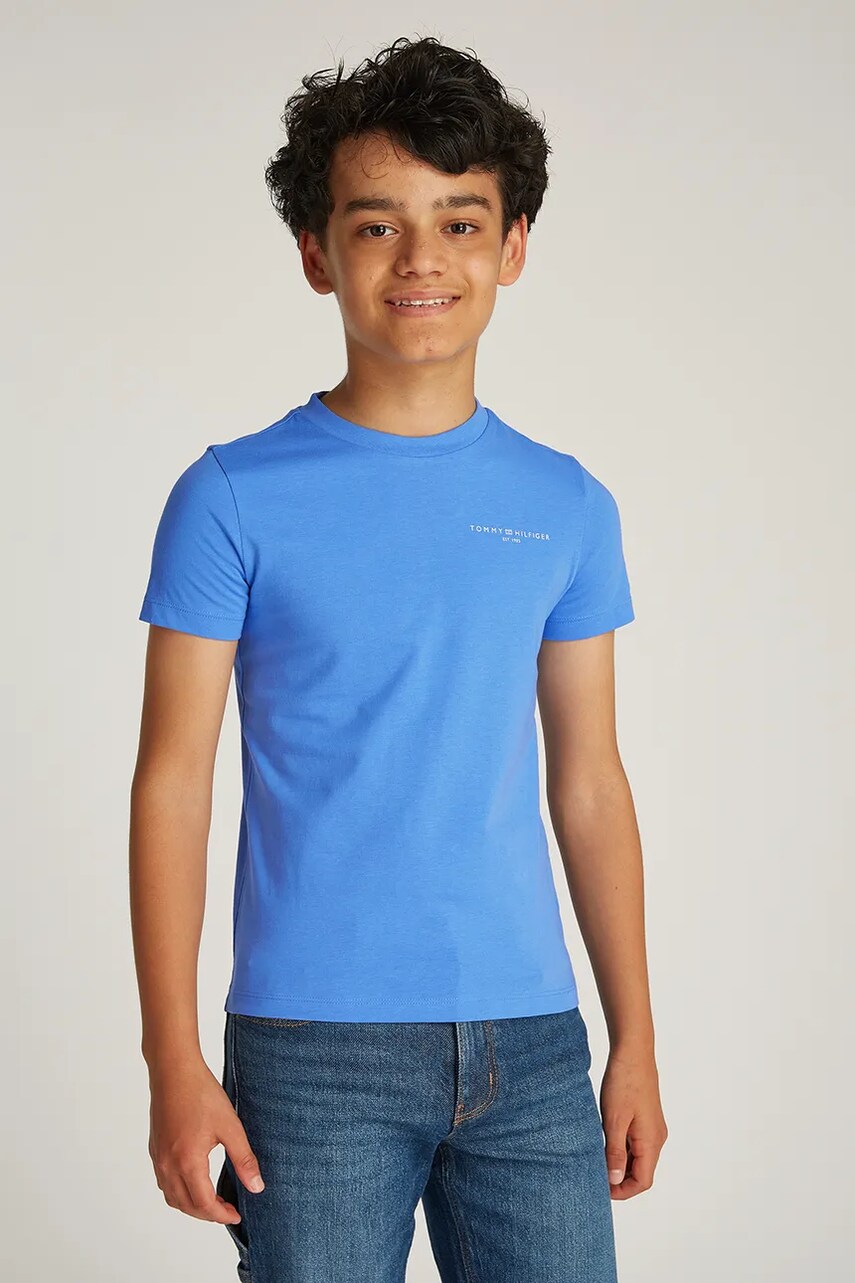 Levně Dětské bavlněné tričko Tommy Hilfiger modrá barva, s potiskem, KS0KS00594