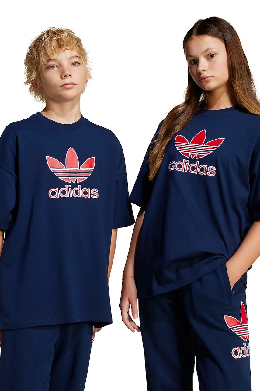 adidas Originals tricou de bumbac pentru copii culoarea albastru marin, cu imprimeu, JC9117 adidas Originals tricou de bumbac pentru copii culoarea albastru marin, cu imprimeu, JC9117