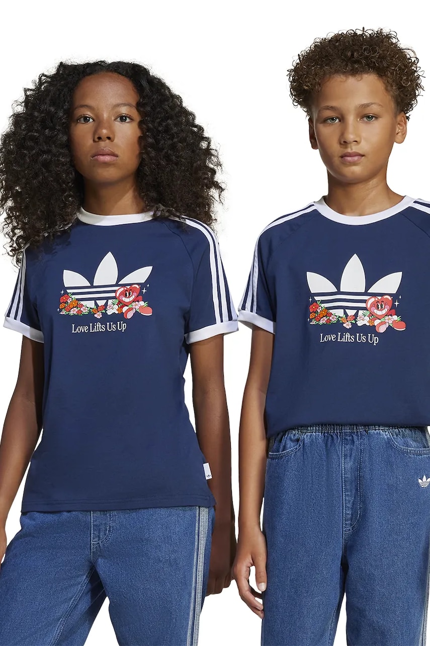 adidas Originals tricou de bumbac pentru copii culoarea albastru marin, cu imprimeu, JD0389