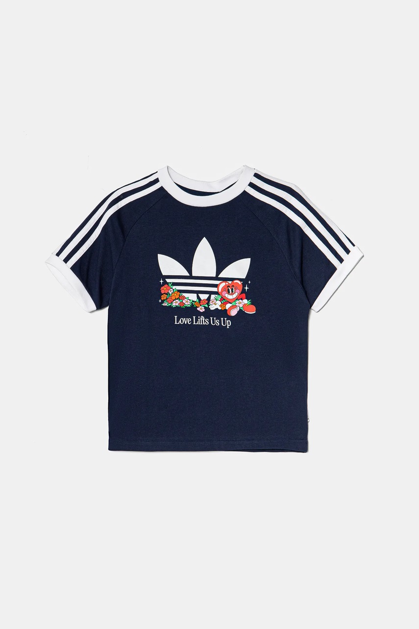Детская хлопковая футболка adidas Originals цвет синий с принтом JD0389 Детская хлопковая футболка adidas Originals цвет синий с принтом JD0389