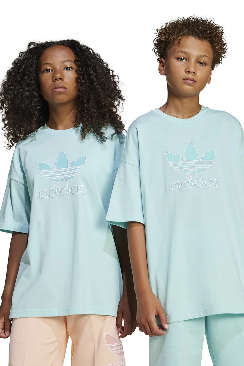 adidas Originals tricou de bumbac pentru copii culoarea turcoaz, cu imprimeu, JC7881
