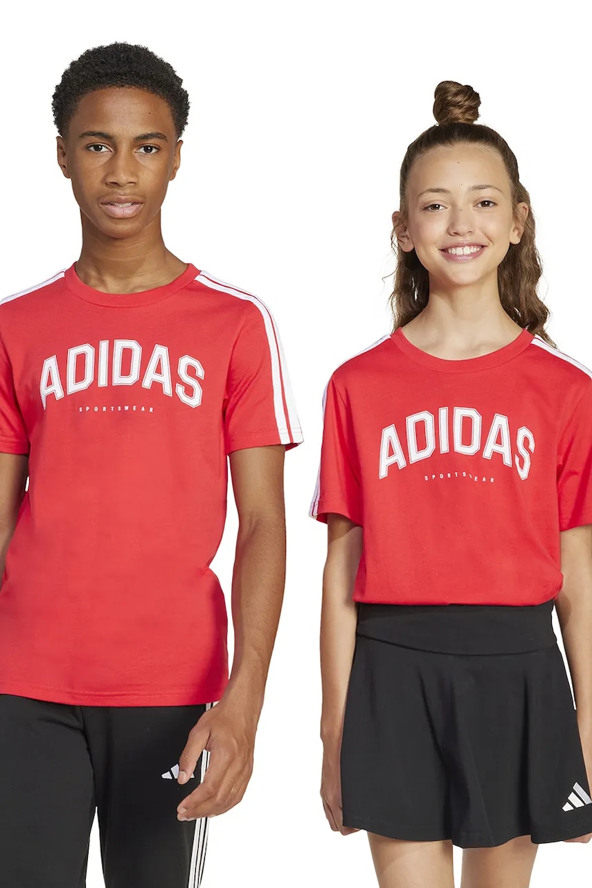 adidas tricou de bumbac pentru copii culoarea roșu, cu imprimeu, JI6673 adidas tricou de bumbac pentru copii culoarea roșu, cu imprimeu, JI6673