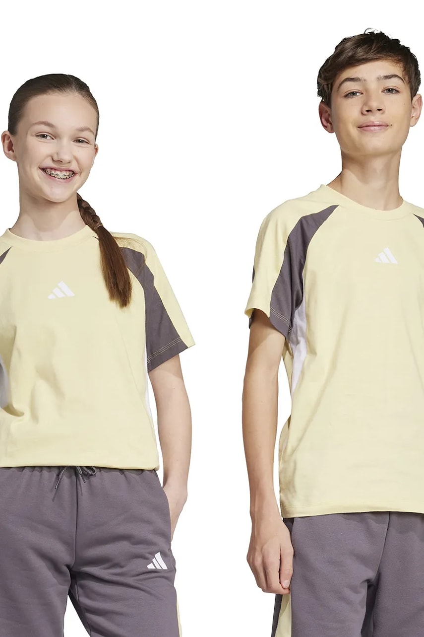 adidas tricou de bumbac pentru copii culoarea galben, cu imprimeu, JC9308 adidas tricou de bumbac pentru copii culoarea galben, cu imprimeu, JC9308