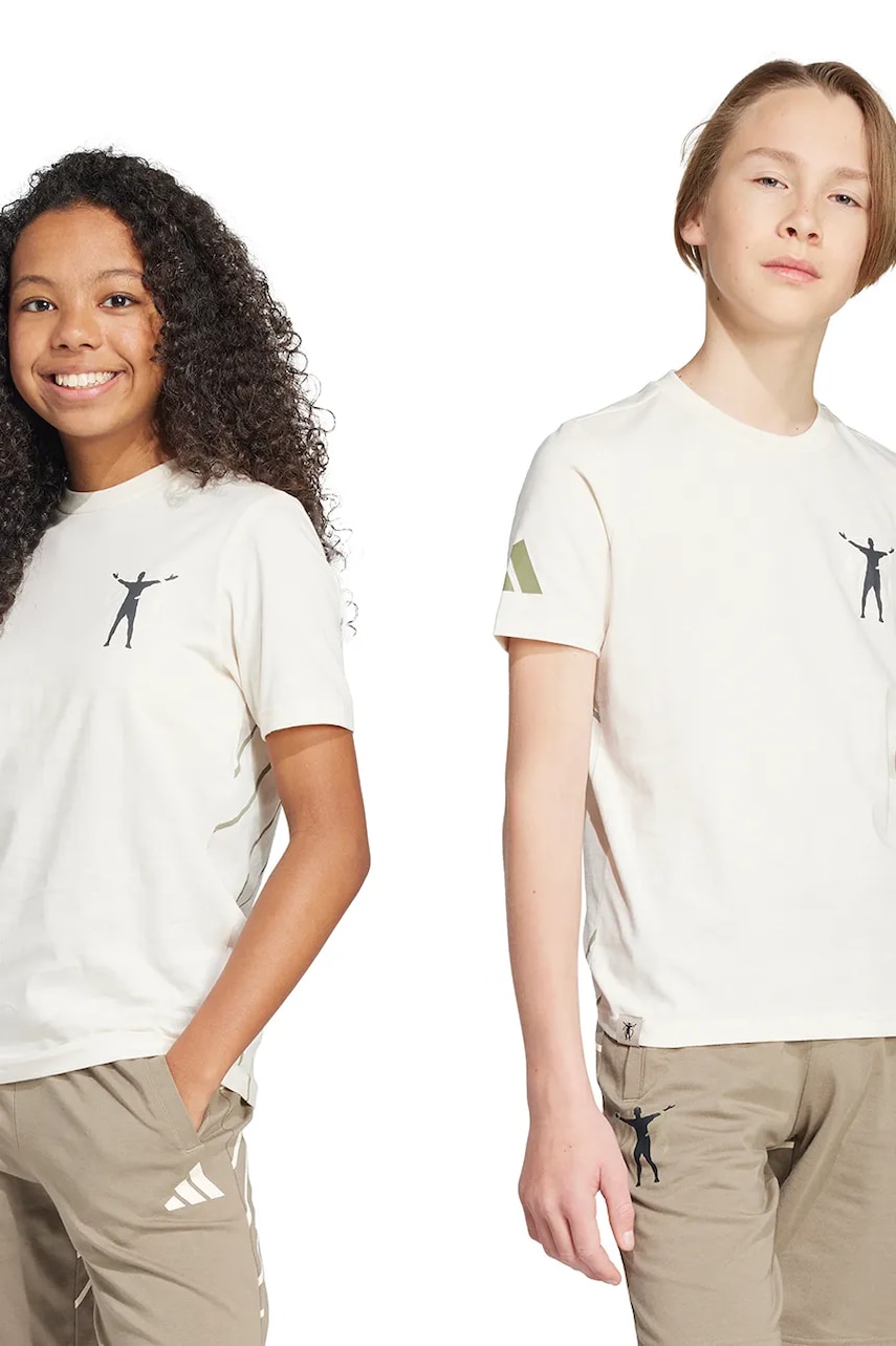 adidas Performance tricou de bumbac pentru copii culoarea bej, cu imprimeu, JX1948 adidas Performance tricou de bumbac pentru copii culoarea bej, cu imprimeu, JX1948