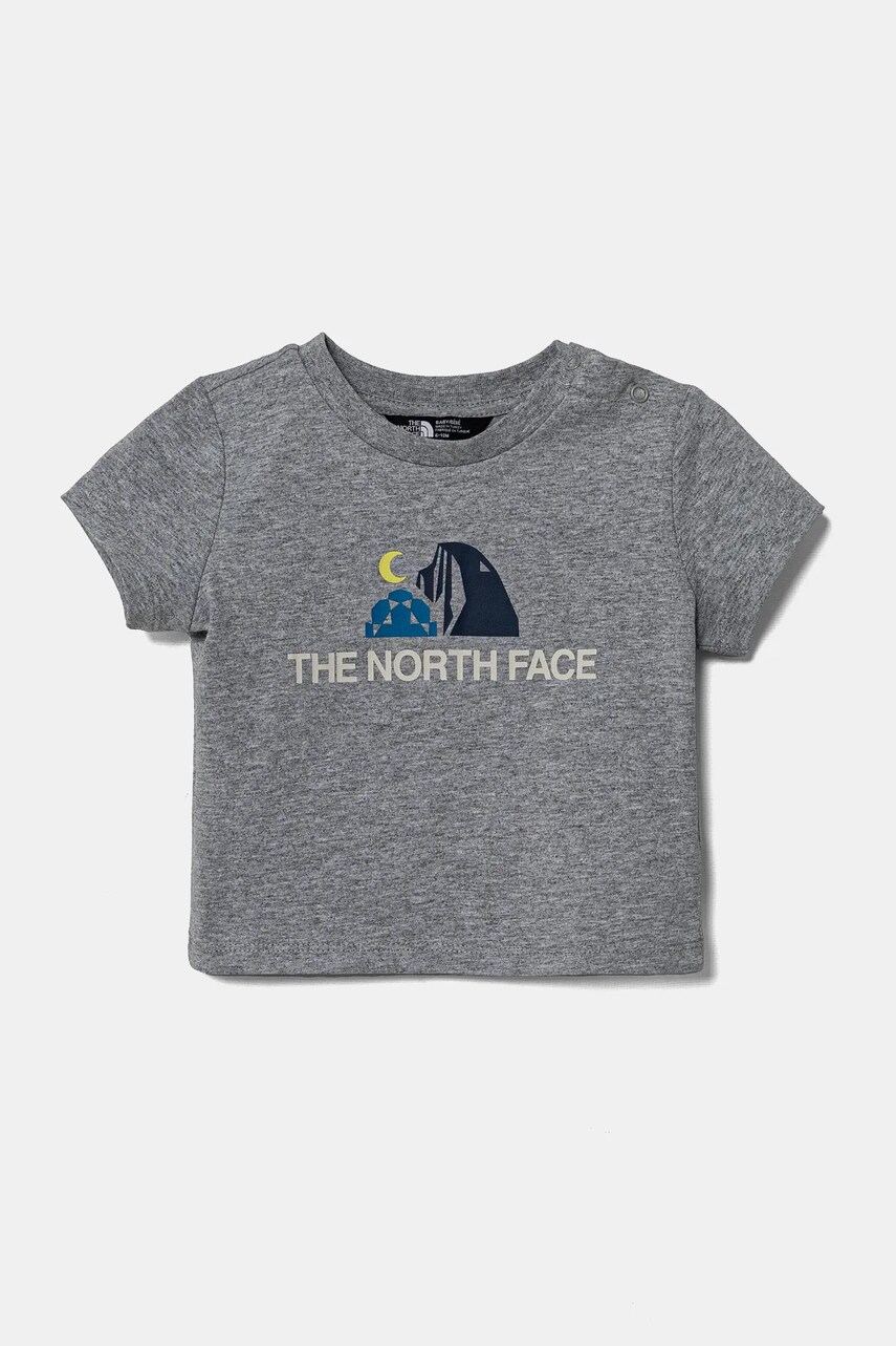 The North Face tricou din bumbac pentru bebelusi BABY GRAPHIC S/S TEE culoarea gri, cu imprimeu, NF0A8AXDDYX1