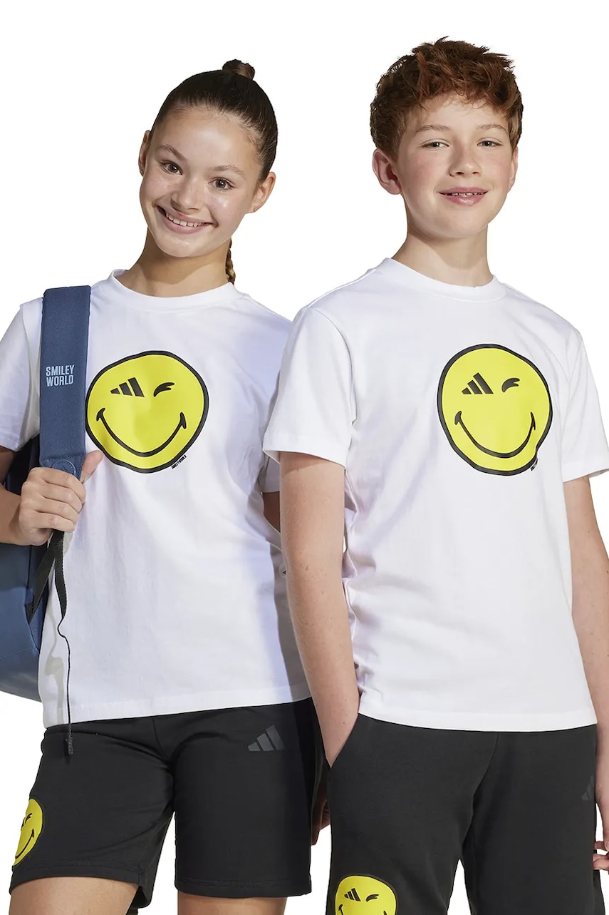 adidas tricou de bumbac pentru copii x Smiley World culoarea alb, cu imprimeu, JJ3071 adidas tricou de bumbac pentru copii x Smiley World culoarea alb, cu imprimeu, JJ3071