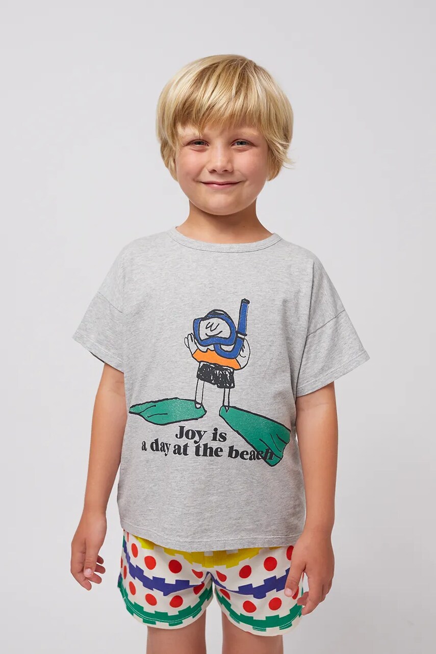 Bobo Choses tricou de bumbac pentru copii A Day At The Beach culoarea gri, cu imprimeu, 125AC007
