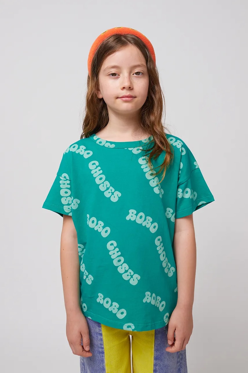 Bobo Choses tricou de bumbac pentru copii Wavy culoarea verde, modelator, 125AC005 Bobo Choses tricou de bumbac pentru copii Wavy culoarea verde, modelator, 125AC005