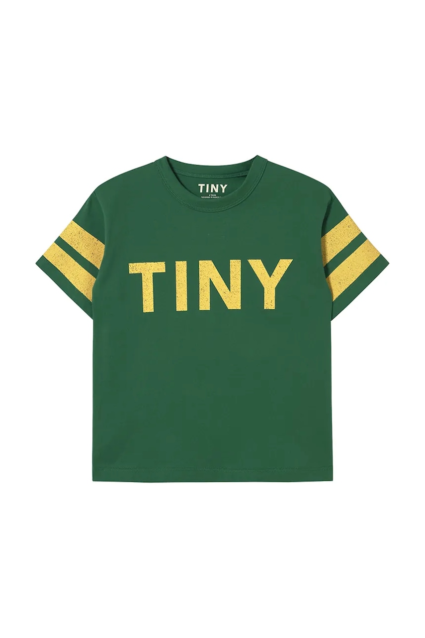 Детская хлопковая футболка Tinycottons STRIPES LOGO TEE цвет зелёный с принтом SS25-137 Детская хлопковая футболка Tinycottons STRIPES LOGO TEE цвет зелёный с принтом SS25-137