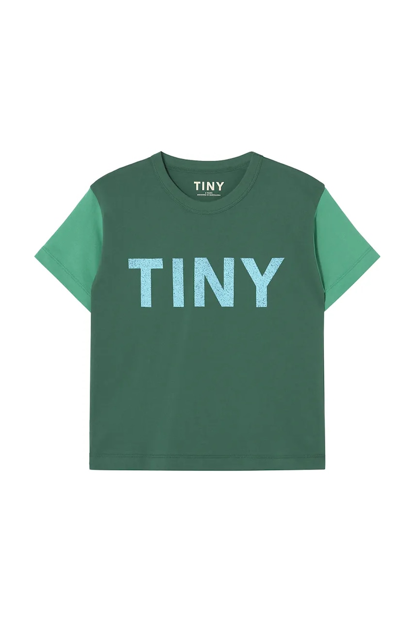 Детская хлопковая футболка Tinycottons COLOR BLOCK TEE цвет зелёный с принтом SS25-159 Детская хлопковая футболка Tinycottons COLOR BLOCK TEE цвет зелёный с принтом SS25-159