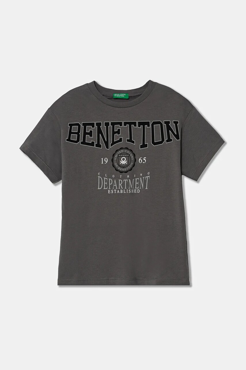 Levně Dětské bavlněné tričko United Colors of Benetton šedá barva, s potiskem, 3I1XC10N3