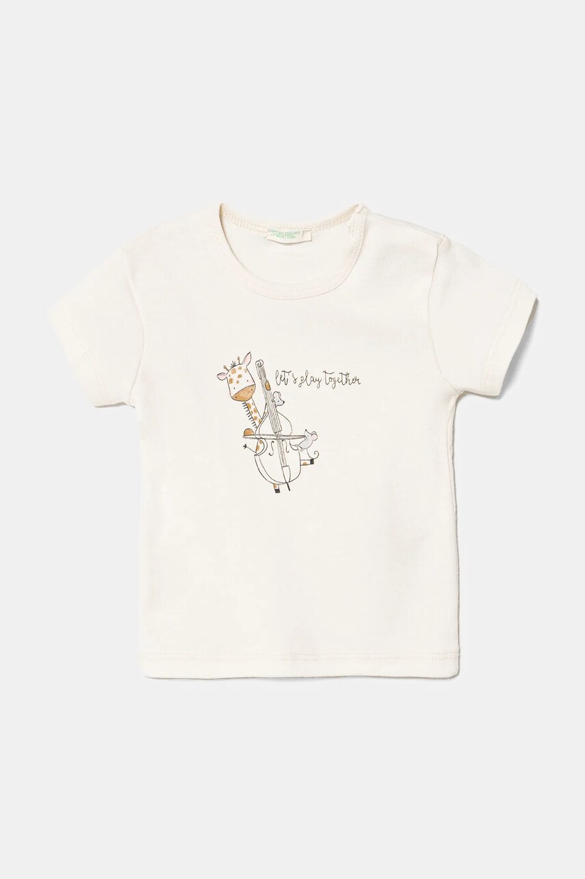 United Colors of Benetton tricou din bumbac pentru bebelusi culoarea bej, cu imprimeu, 3I9WA1065