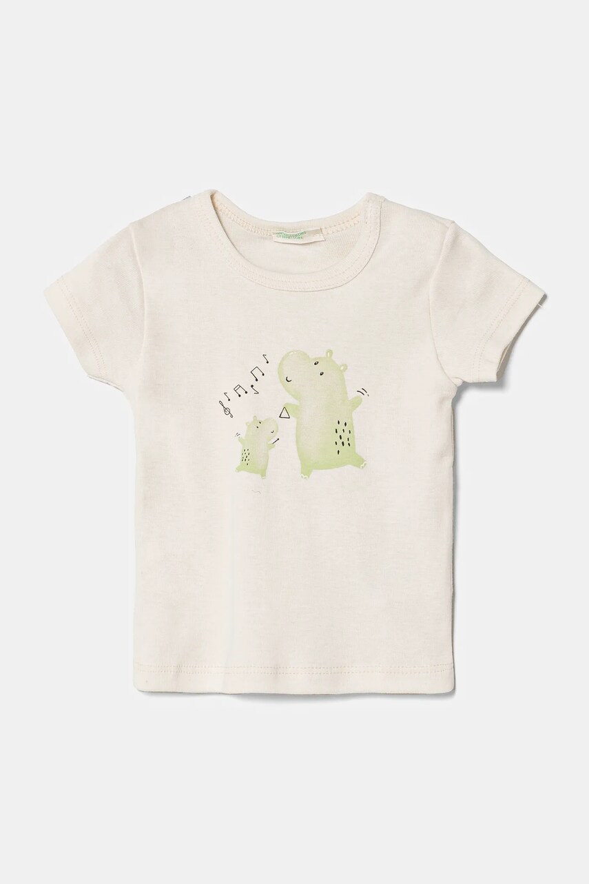 United Colors of Benetton tricou din bumbac pentru bebelusi culoarea bej, cu imprimeu, 3I9WA1065
