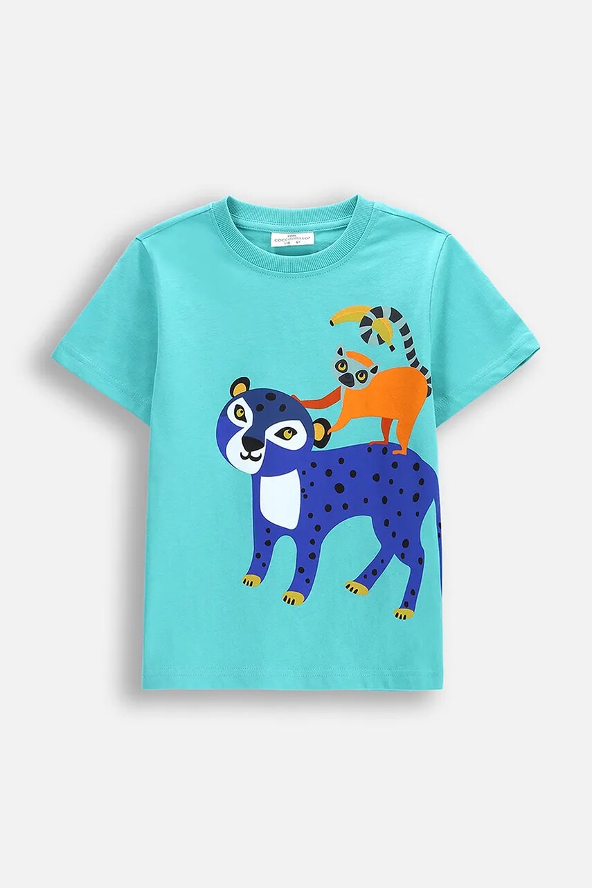 Coccodrillo tricou din bumbac culoarea turcoaz, cu imprimeu, TROPICAL STORY BOY KIDS